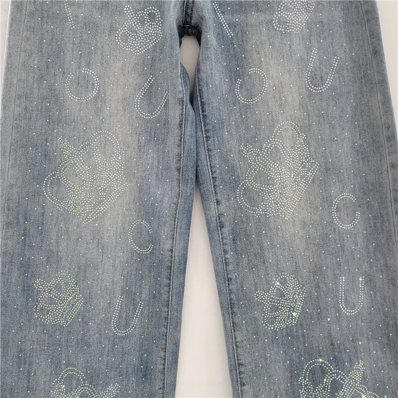 ANJY Herfst Nieuwe Vrouwen Trendy Jeans Zware Ambachtelijke Bezaaid Diamanten Rechte Afslanken High Street Elegante Denim Wijde Pijpen broek A9805
