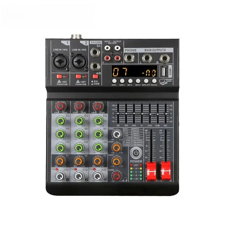 MM4 Multi-function Mini Four Channel USB Audio Mixer 48V Power Metal Construction 16 DSP Delay Effects MP3 Player