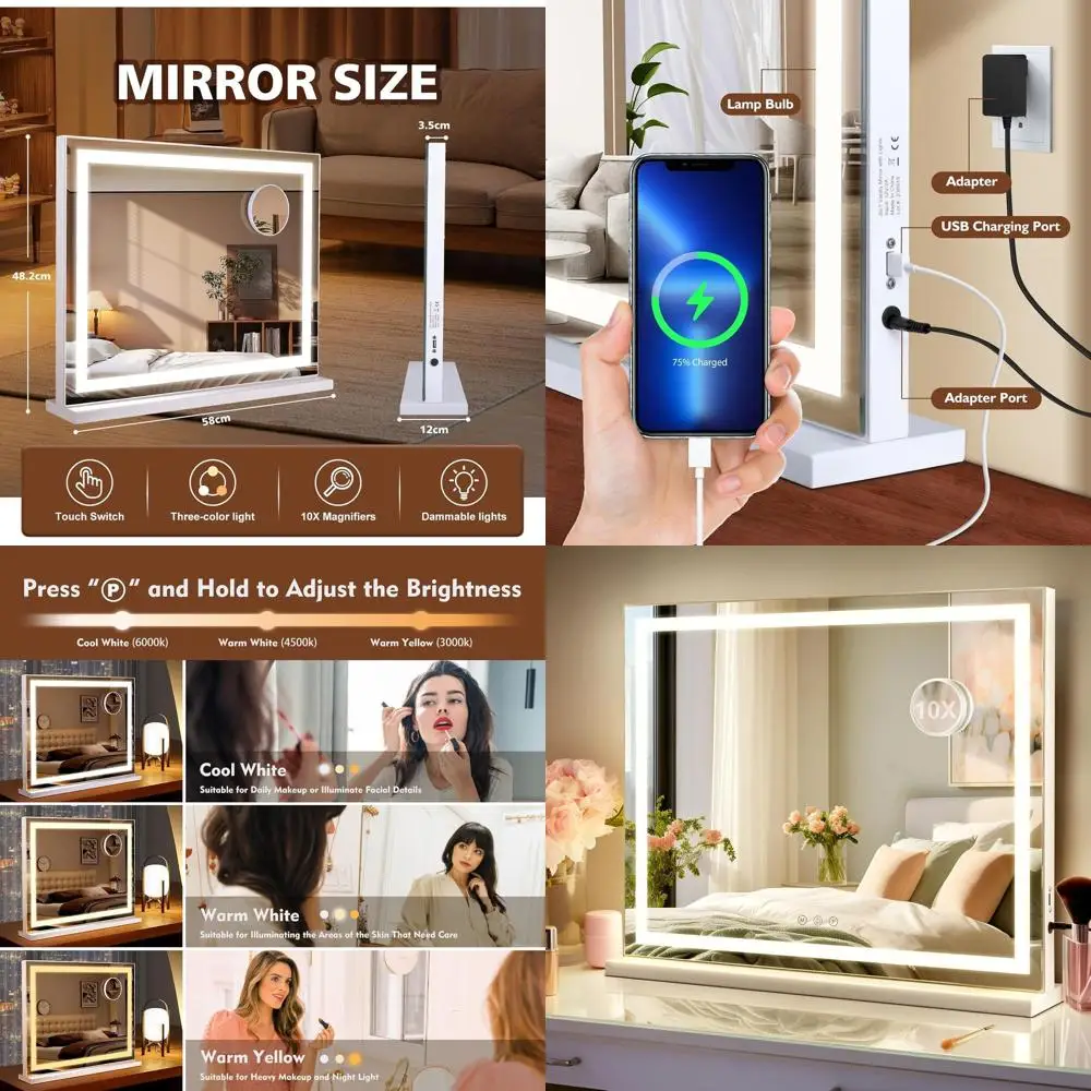 Miroir de courtoisie Hollywood éclairé, compact grossissant 23 x 19, 10X, modes d'éclairage 3 couleurs activés par le contact