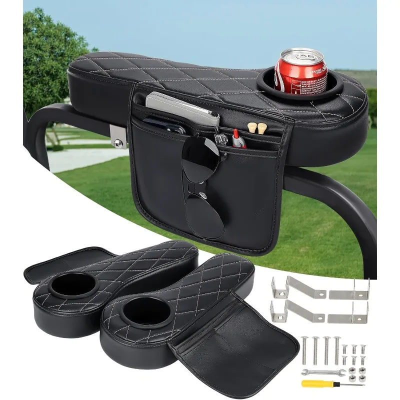 

Golf Cart Armrest with Cup Holder & Rear Seat Organizer, No Drilling Golf Cart Diamond Arm Rest Fits 1" Square Tube Frame Compat