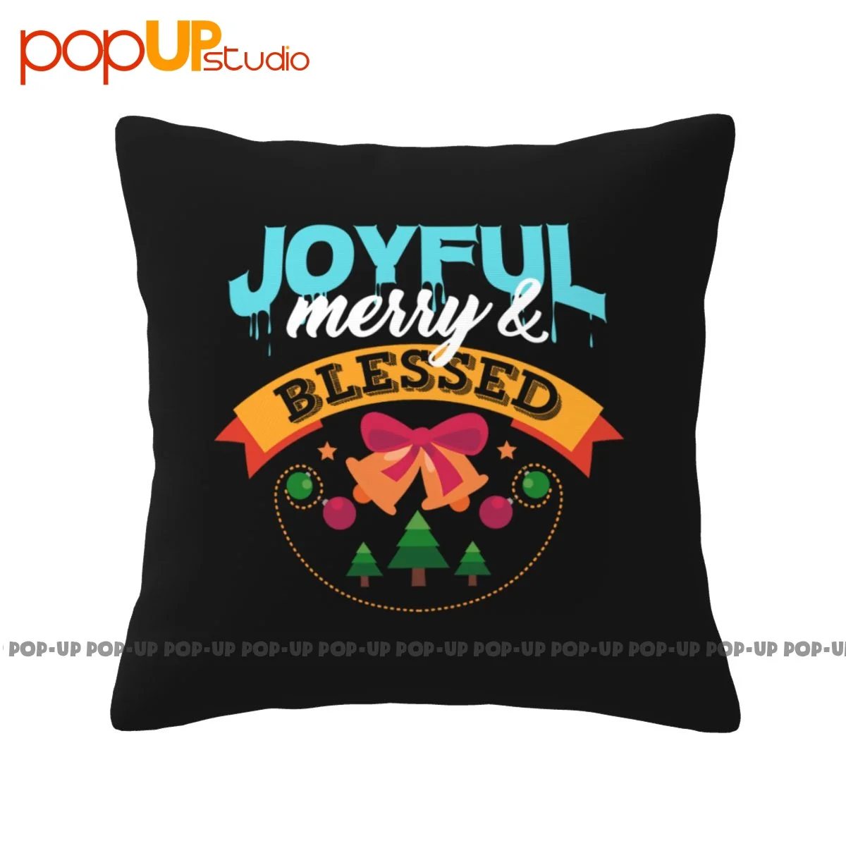 Square Joyful Merry Blessed Christmas Tree Bells Pillowcase Throw Pillow Cover Healthy Super Soft Skin-Friendly