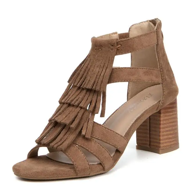 

Женские босоножки на высоком толстом каблуке, летние, 2026, из флокированной кожи, с кисточками, на ремешке вокруг щиколотки, повседневные туфли для женщин