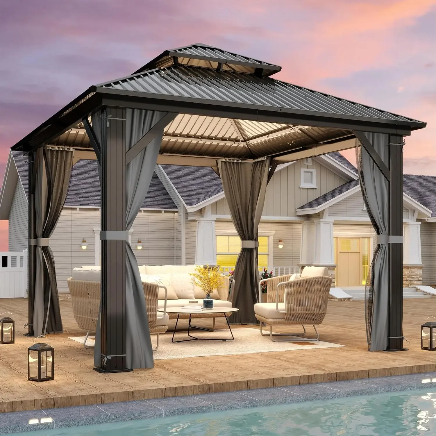 

10 X 10ft Hardtop Gazebo, Galvanized Steel Double Roof Gazebo with Nettings and Curtain Outdoor Aluminum Frame Vertical Stripes