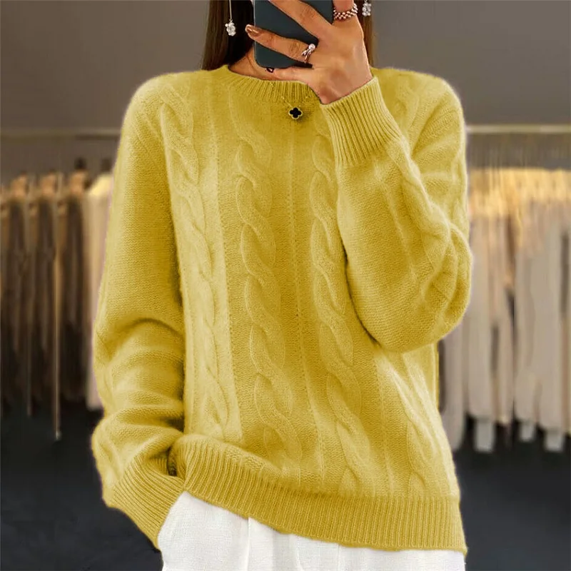 New Fashion Furry Twist Knitted Sweater Elegant Long Sleeve Solid Office Women's Jumpers Winter Casual Crew-neck Warm Pullovers