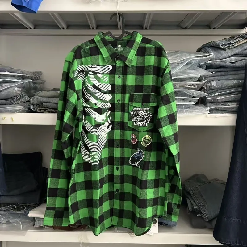 Goth green checkered graffiti versatile personality men long sleeve shirt American Harajuku fashion pullover loose couple top