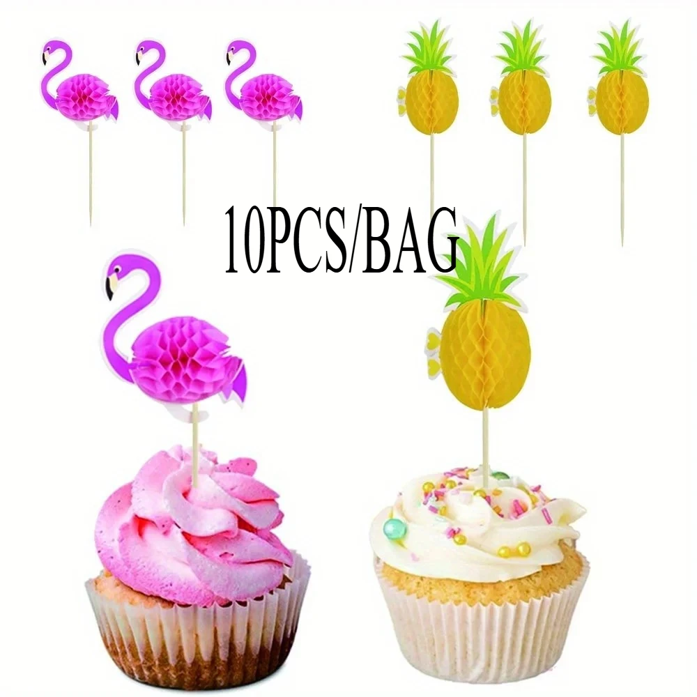 10 unids/bolsa decoración de pastel de flamenco mixto piña Cupcake Topper Hawaii Luau decoraciones de fiesta Tropical