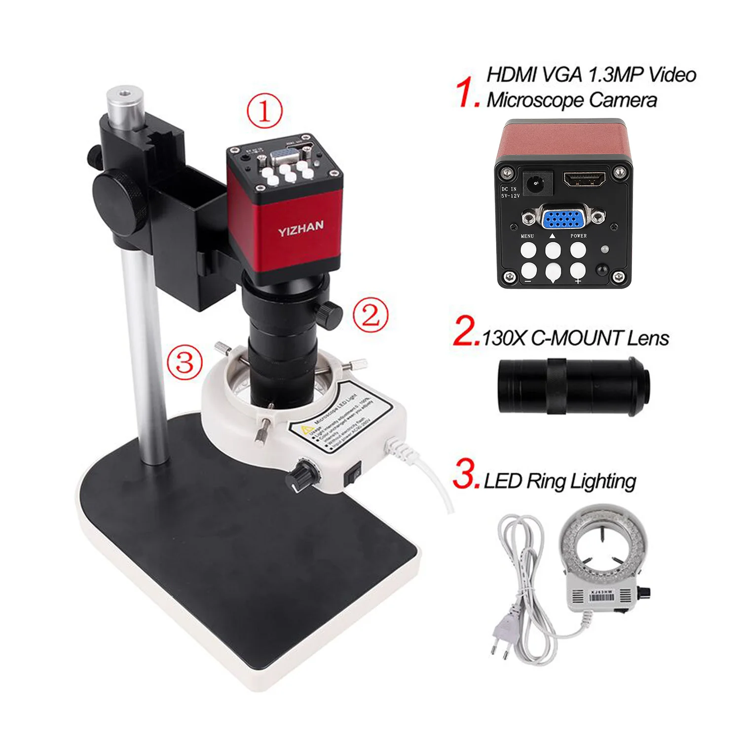 48MP 38Mp 4K 2K HDMI USB Industrial Digital Video Microscope Camera Zoom 130X C-Mount Lens LED Ring Light For Repair Soldering