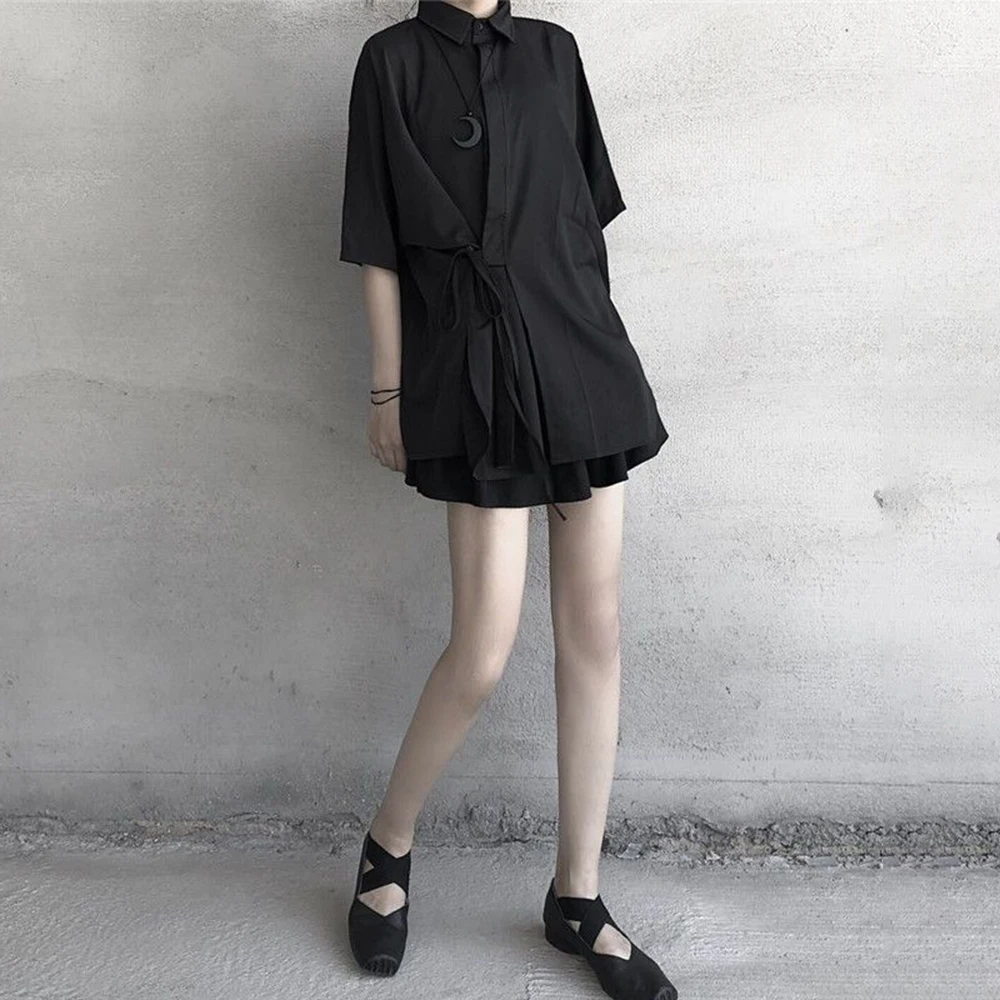 Mens Y2k Dark Japanese Tie Up Leisure Shirt Summer Streetwear Fashion Nightclub Niche Irregular Plain Short Sleeve Top 2026