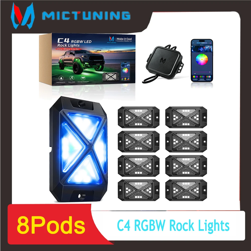 

MICTUNING C4 RGBW Rock Lights: 8 Pods, App & Music Sync, 4-Side Glow, IP68 Waterproof, Multi-Color Off-Road Underglow Lightings