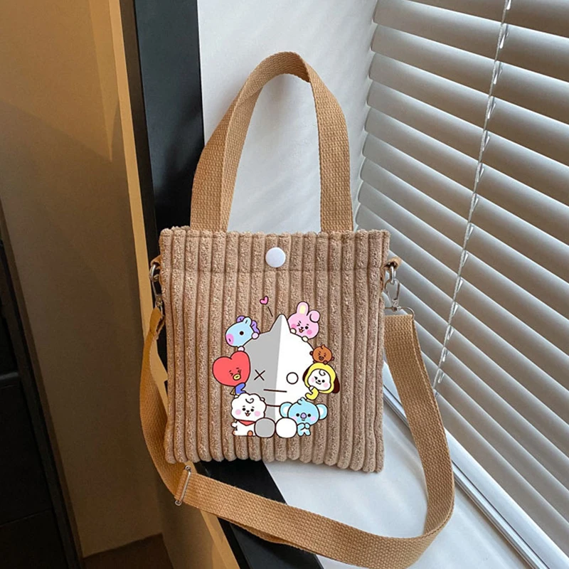 Kawaii Bt21 Corduroy Pluche Crossbody Tas Leuke Cartoon Dames Reizen en Vrije tijd Item Opbergtas Schoudertas Vakantiecadeaus