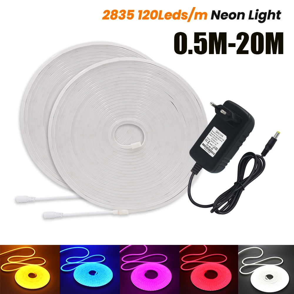 DC 24V 2835 120Leds/M Neon Strip White/Blue/Pink/Yellow/Green 1M 5M 10M 20M Home DIY Flexible Ribbion Rope LED Strip