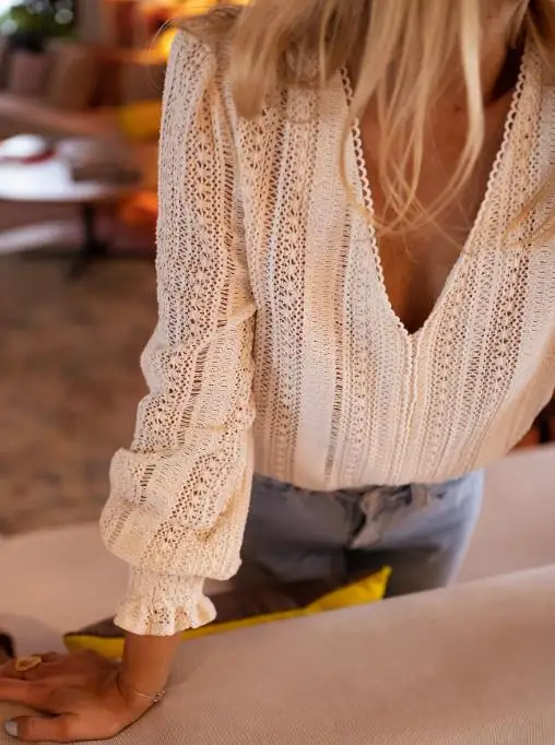 قميص نسائي كاجوال بأكمام طويلة ورقبة على شكل حرف V ملابس جديدة بلون سادة #4