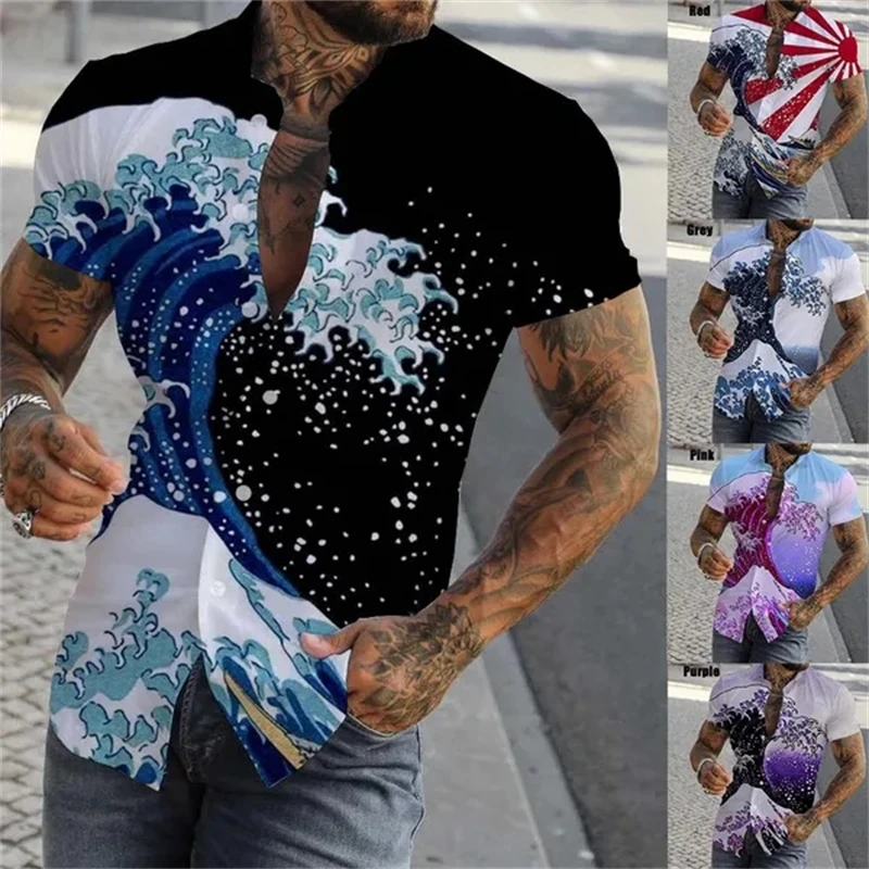 

New Sea Ocean Wave Graphic Shirts For Men Clothing 3D Surf Hawaiian Beach Shirts Short Sleeve Y2k Vintage Clothes Lapel Tops Tee