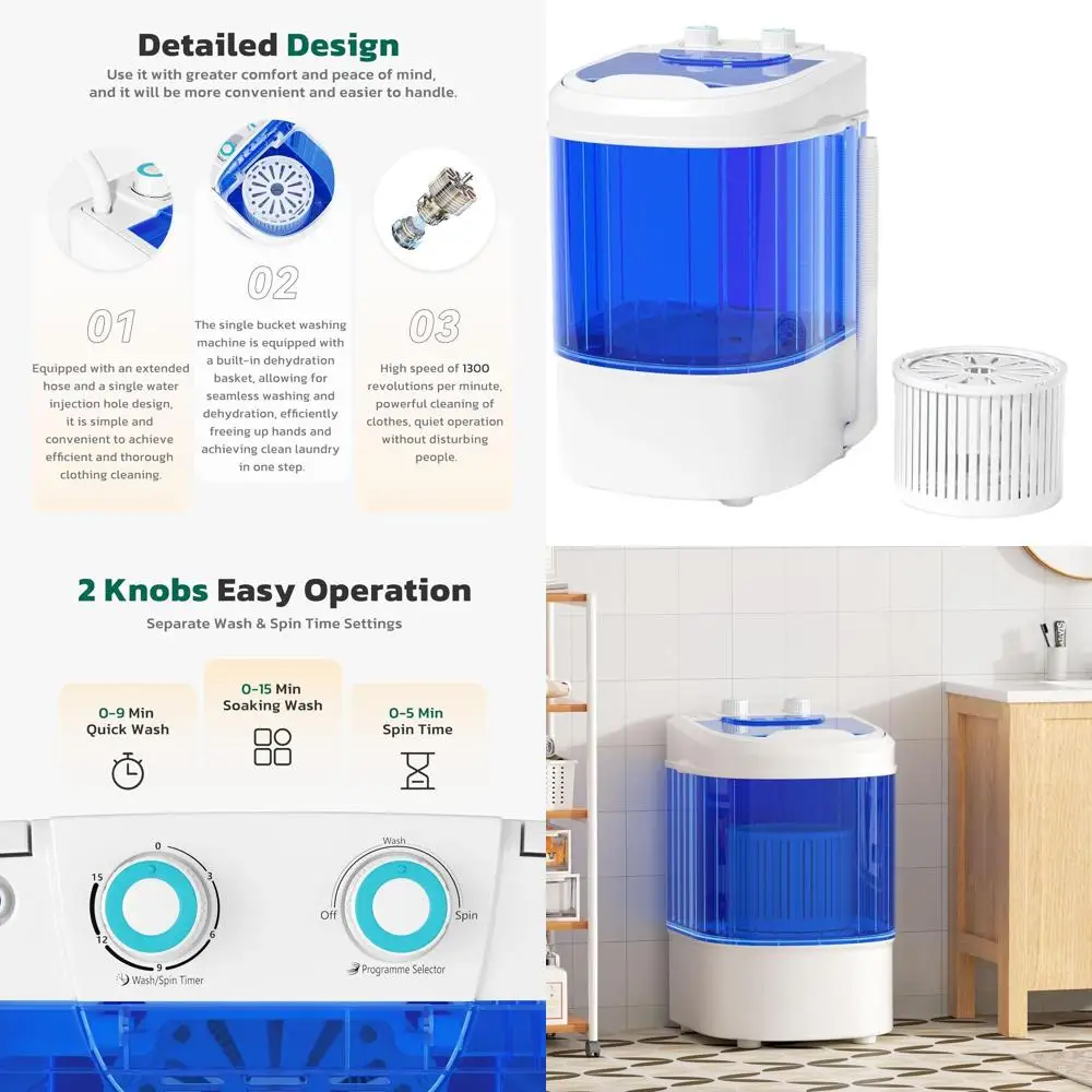 

Компактная портативная стиральная машина на 6,6 фунтов с отжимной корзиной, идеально подходит для квартир и общежитий (синяя)
