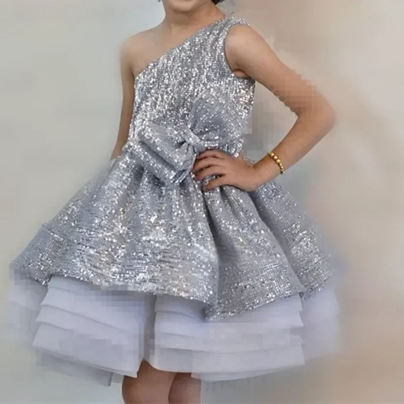 

Silver Sequined Chiffon Flower Girl Dress Teen Girls Wedding Party Gowns Vestido De Festa Girls Princess Summer Wears