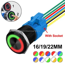 16/19/22mm Bicolor LED Black Metal Push Button Switch with Socket Plug Waterproof ON OFF Car Boat Start Stop 6V 12V 24V 220V