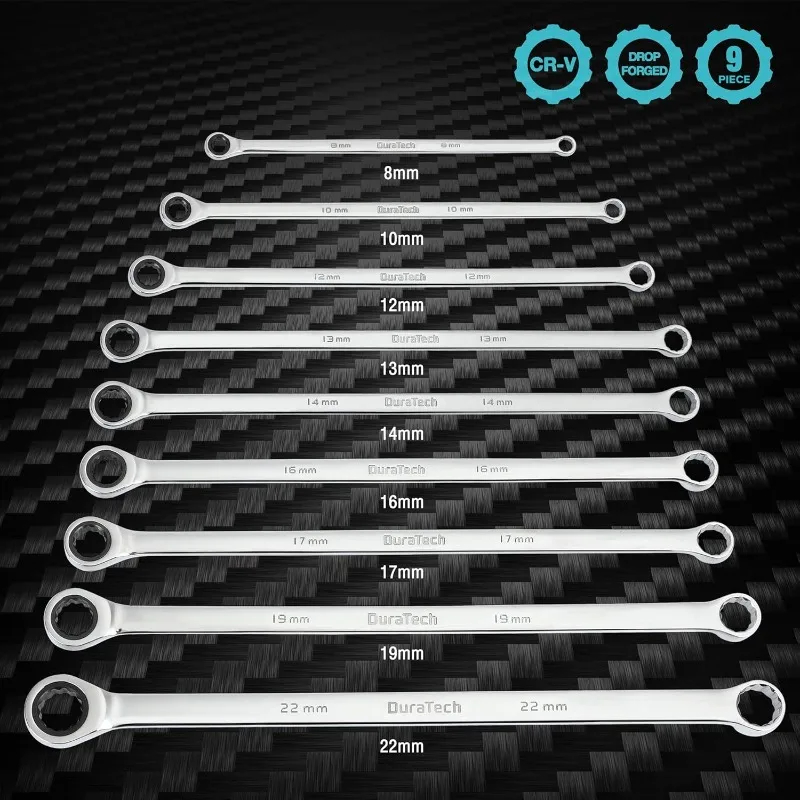 Extra Long Ratcheting Wrench Set, Double Box End Wrench Set, Metric, 9-Piece, CR-V Steel, with EVA Foam Tool Organizer