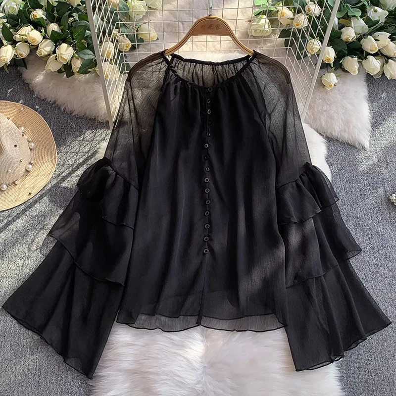 French Ruffle Patchwork Purple Shirt For Women 2025 New Design Sense Youthful Versatile Loose Bell Sleeve Top