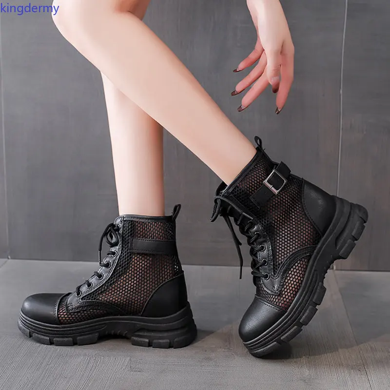 Summer Breathable Mesh Ankle Boots Women Buckle Platform Short Boots Woman Thick Sole Lace Up Botas De Mujer Womens Shoes