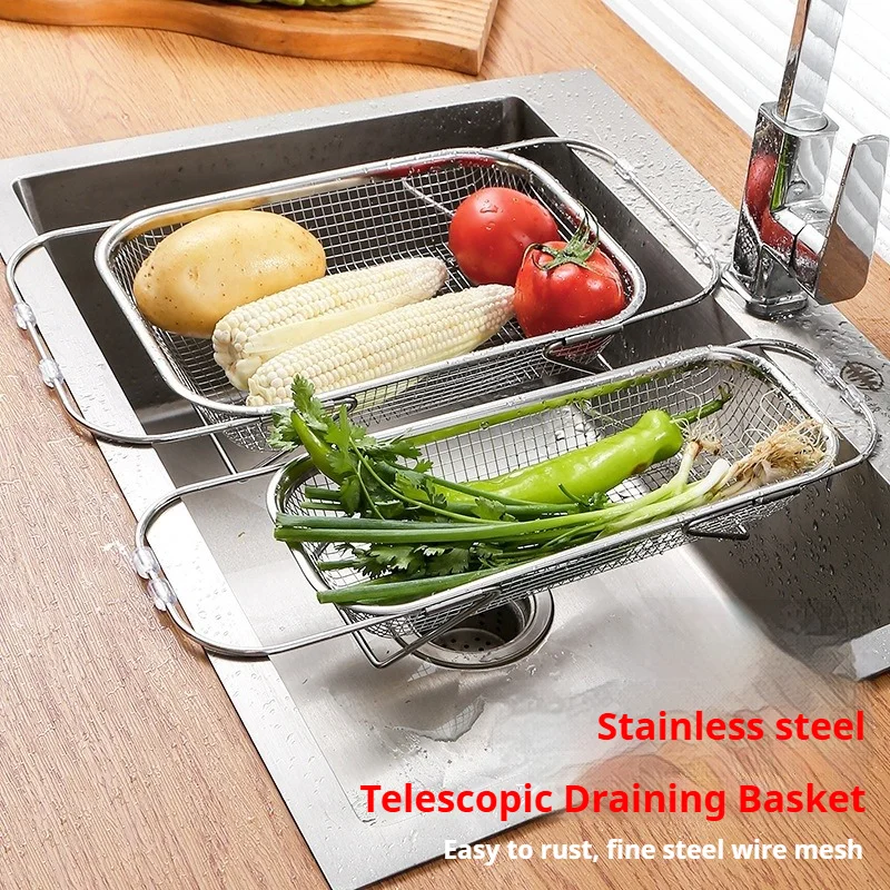 Expandable Stainless Steel Sink Drain Basket Multifunctional Kitchen Colander Fruit Vegetable Dish Drying Rack Over Sink