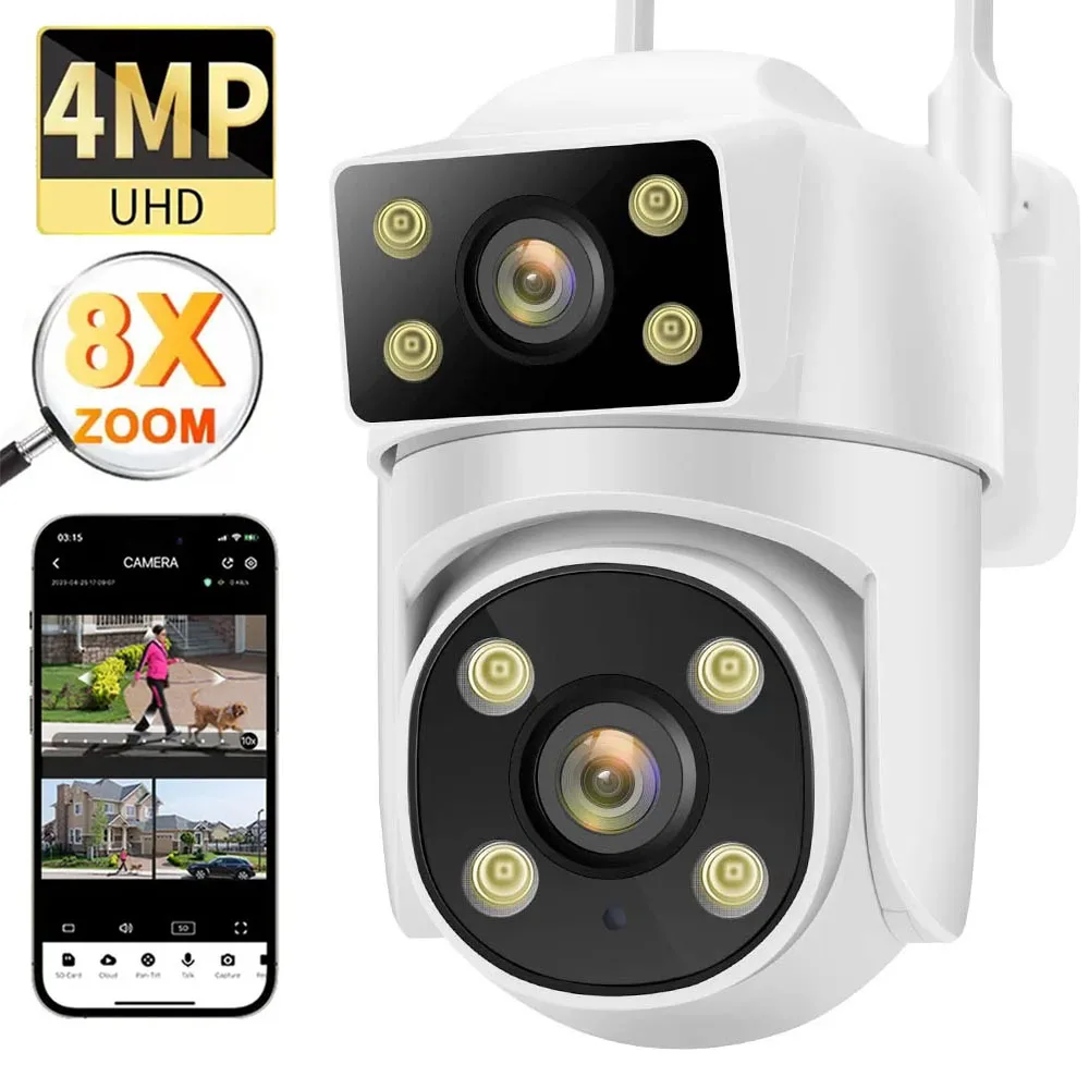 4MP Dual Lens Screen WIFI IP Camera Full Color Night Vision AI Human Tracking Outdoor Wireless PTZ Security Survalance Cameras