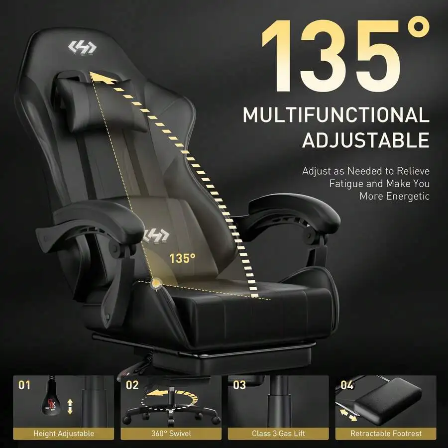 Gaming Chair, Ergonomic Computer Office Chair With Lumbar Support Footrest Headrest, Adjustable Height & Backrest Angle Video Gamer Chair, PU Leather, 360° Swivel, Adult,Black view 5