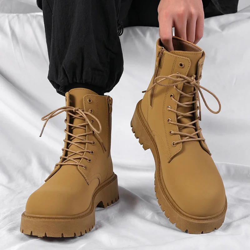 

Men's Boots High Top Leather Boots Black Ankle Boots British Style Platform Lace Up Motorcycle Boot Couple Outdoor Casual Shoes