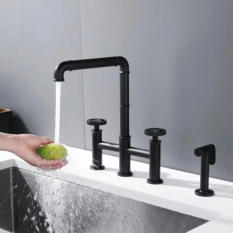 Industrial Pipe Style Bridge Sink Faucet Centerset Black Kitchen Faucet