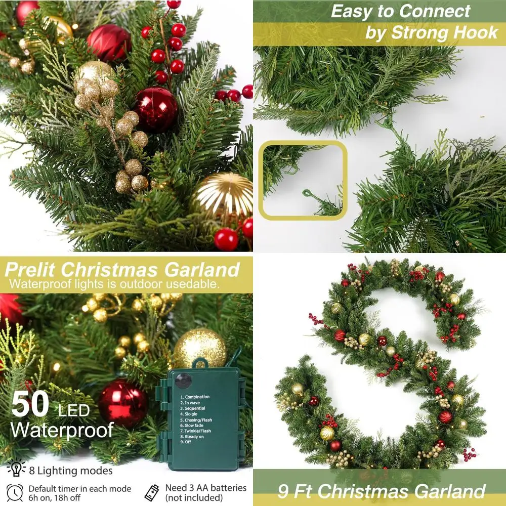 

9-футовая светодиодная рождественская гирлянда с 50 лампами, золотыми и красными ягодами, на батарейках, подходит для внутреннего и наружного мантии и ул.