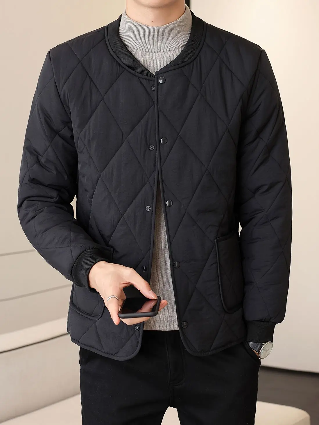 

Men's Thiened Fce Lined Cotton Jaet Warm Inner Wear Autumn Winter Nylon Fabric Stand Fit Faion Urban Sle Home Wear