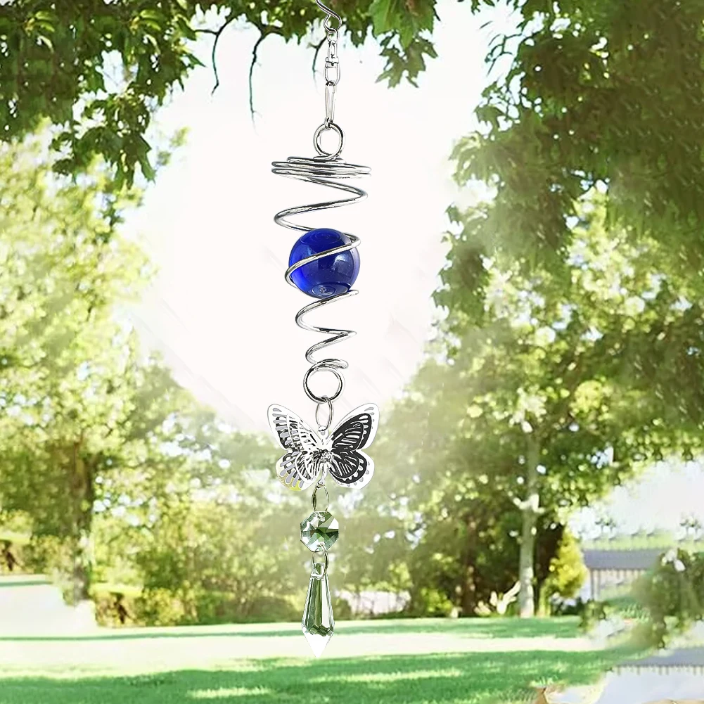 Gazing Ball Spiral Tail Wind Spinner Stabilizer Stainless Steel Butterfly Crystal Sun Catcher Hanging Swivel Hook Garden Decor