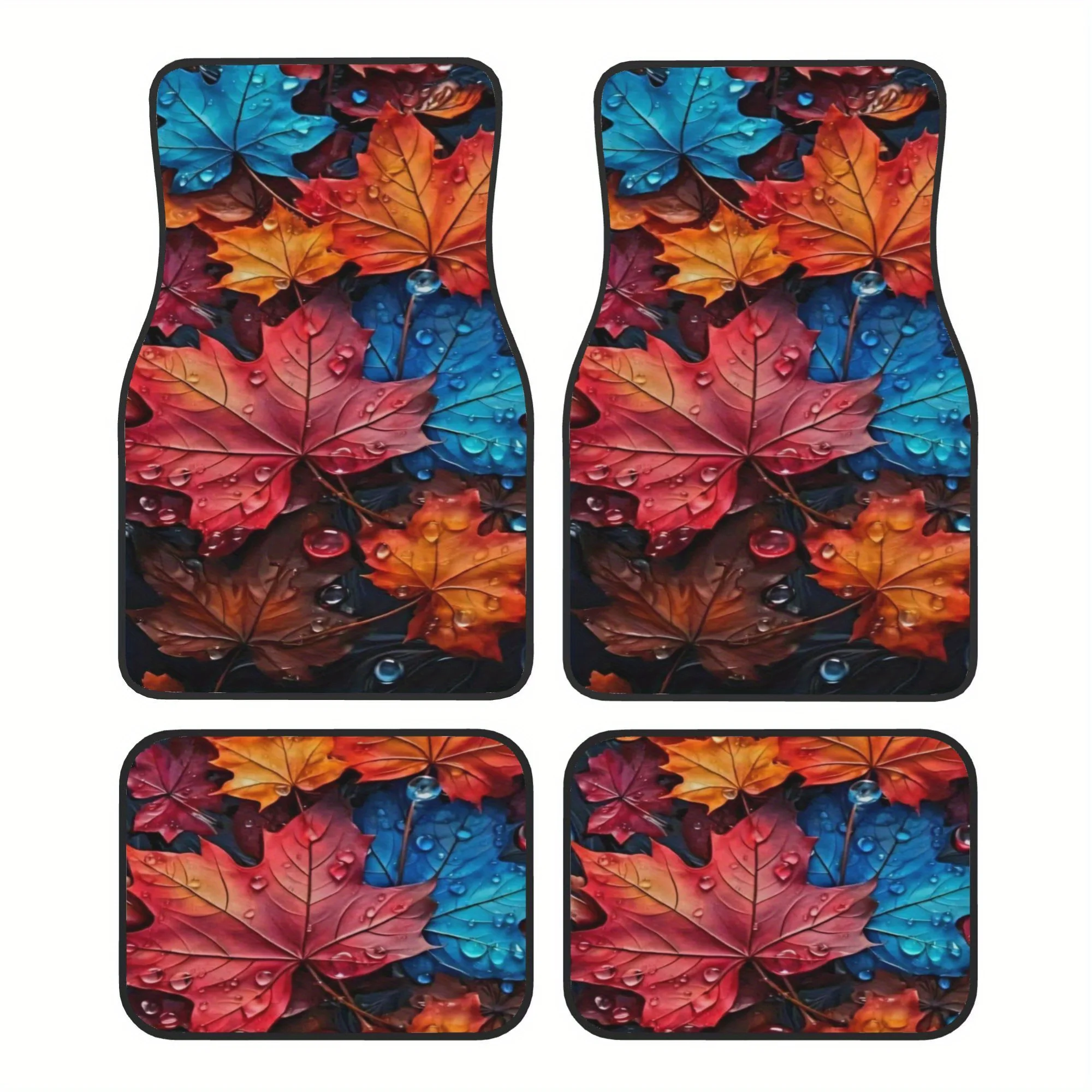 4pcs Multicolored Maple Leaves On Black Background With Water Droplets Pattern Universal Car Floor Mats - Polyester Material, No