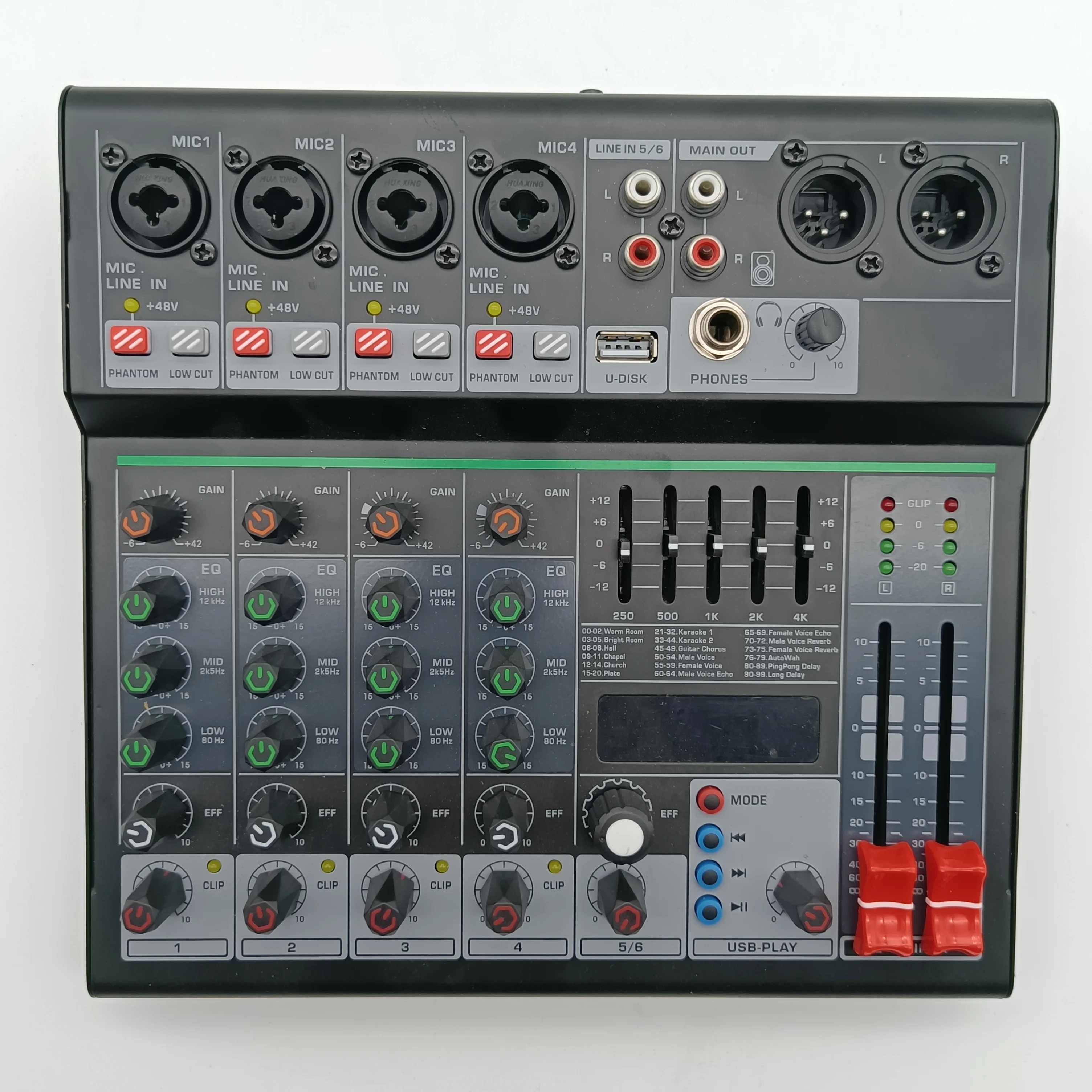 6 Channel Audio DJ Mixer Individual 48V Output Mixing Console 7 Band EQ 99 Effect USB Bluetooth Play Sound Table