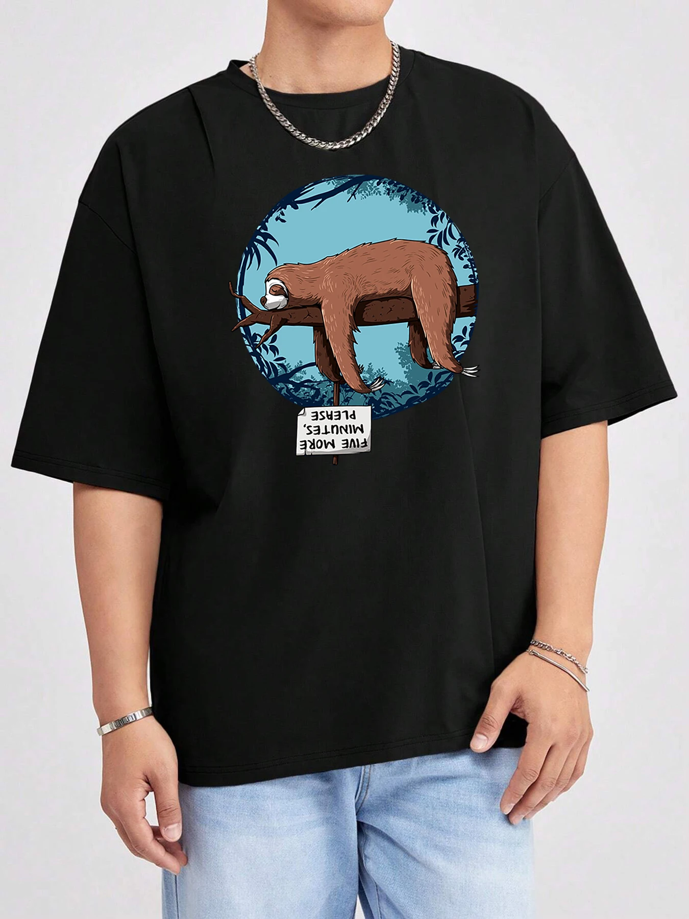 Faultier Schlafen Auf Ast Druck T-Shirt Männlich Sommer Grundlegende Hemd Straße Cartoon Kleidung Baumwolle Atmungsaktive Tops Mode Oansatz T