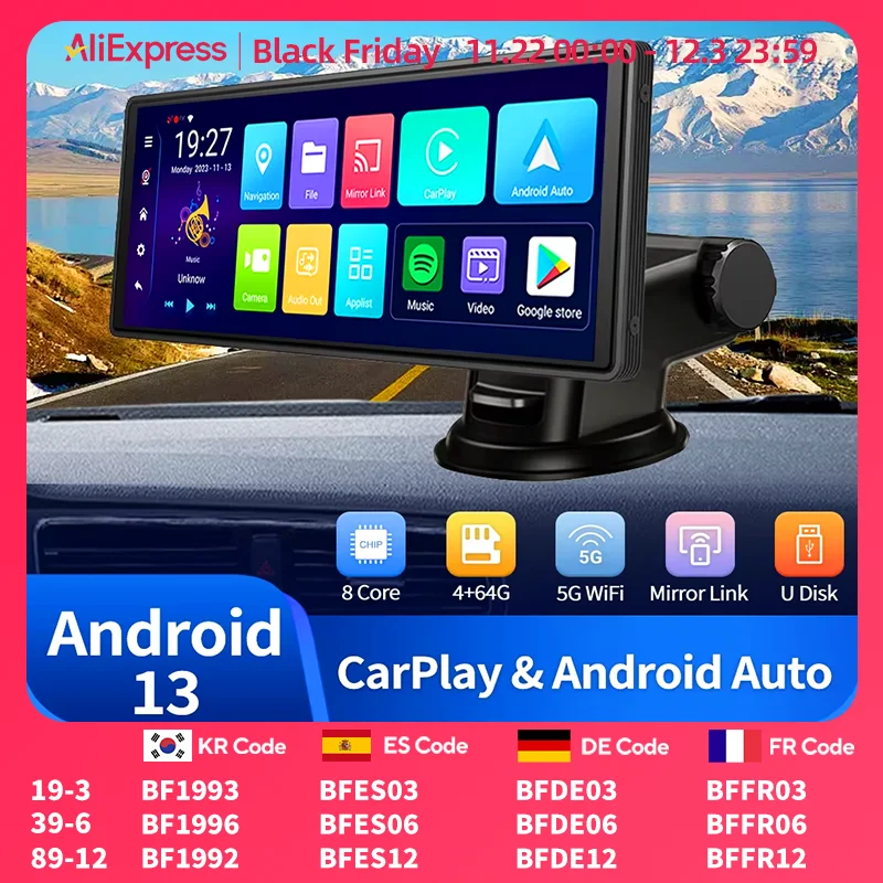 Enregistreur vidéo Android 13, CarPlay sans fil, caméra de tableau de bord automatique Android, navigation GPS, AUX, FM, caméra de rétroviseur DVR,