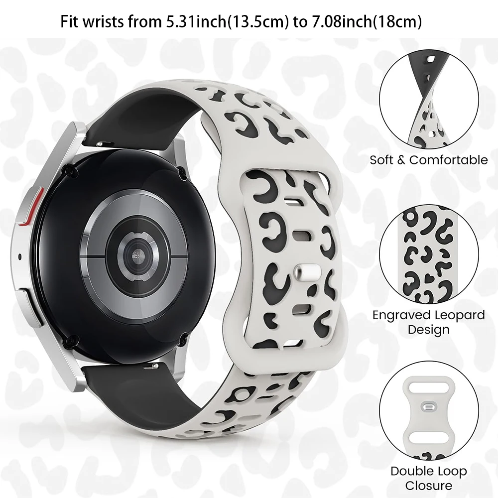 삼성 갤럭시 워치 7/6/5/4/FE 40mm 44mm/갤럭시 워치 6 클래식 43mm 47mm/5 Pro 45mm/4 클래식 42mm 46mm, 20mm 여성용 시계 스트랩용 레오파드 무늬 밴드