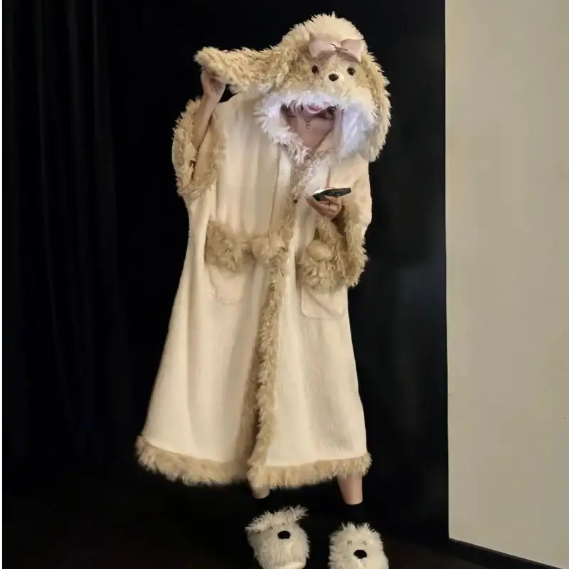Cartoon Puppy Hooded Pajama Set Robe Women Winter Thick Coral Fleece Warm Fluffy Home Loungewear with Bow Pajama Festival Gift