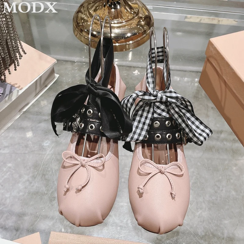 

French Bowknot Ballet Shoes Satin Silk Soft Comfortable Mary Jane Single Shoes Women Genuine Leather Vintage Cross Strap Flats