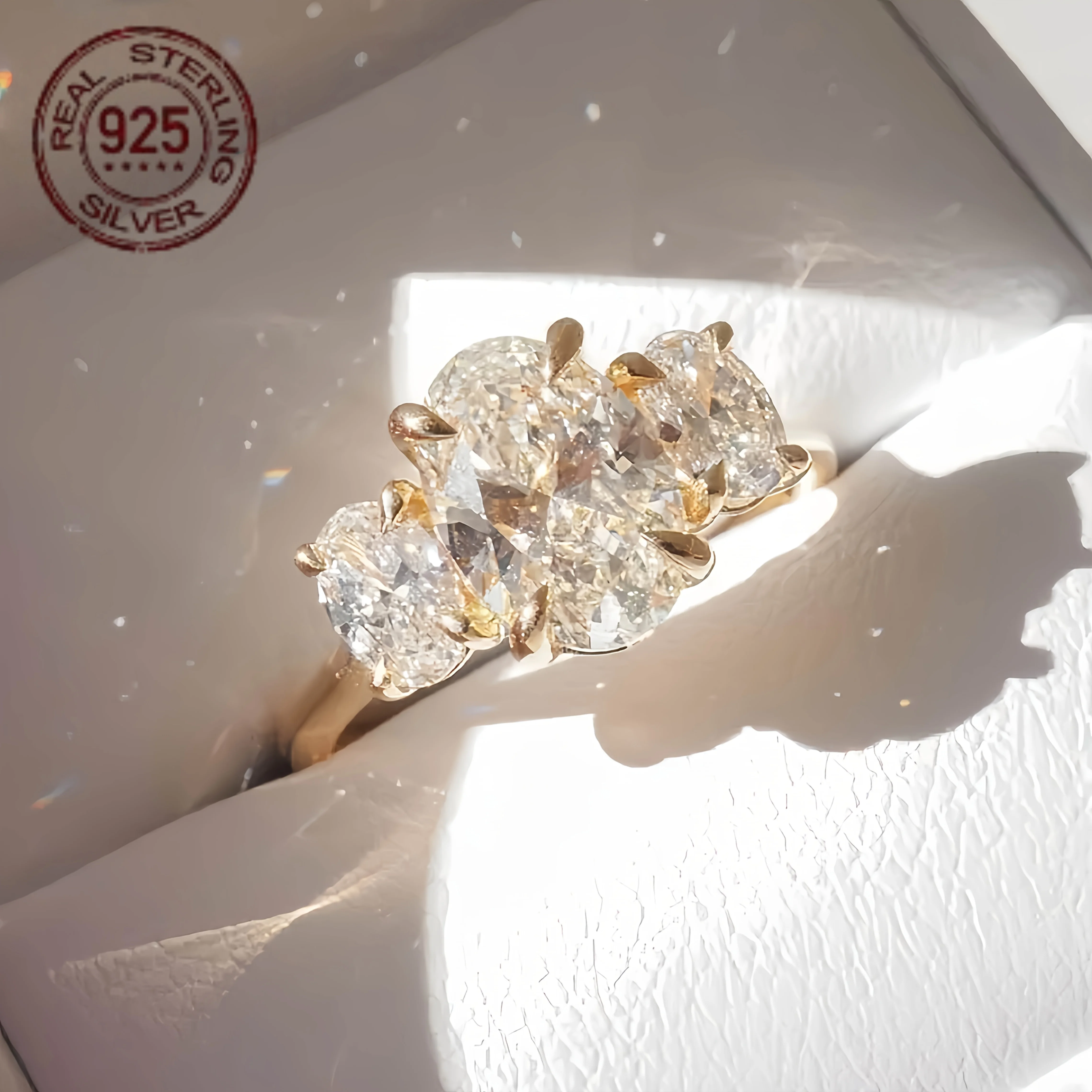 4.0 CT Oval Cut Three Stone Style 925 Silver Engagement Rings Women Simple Style 18K Gold Plated Wedding Ring Party Fine Jewelry