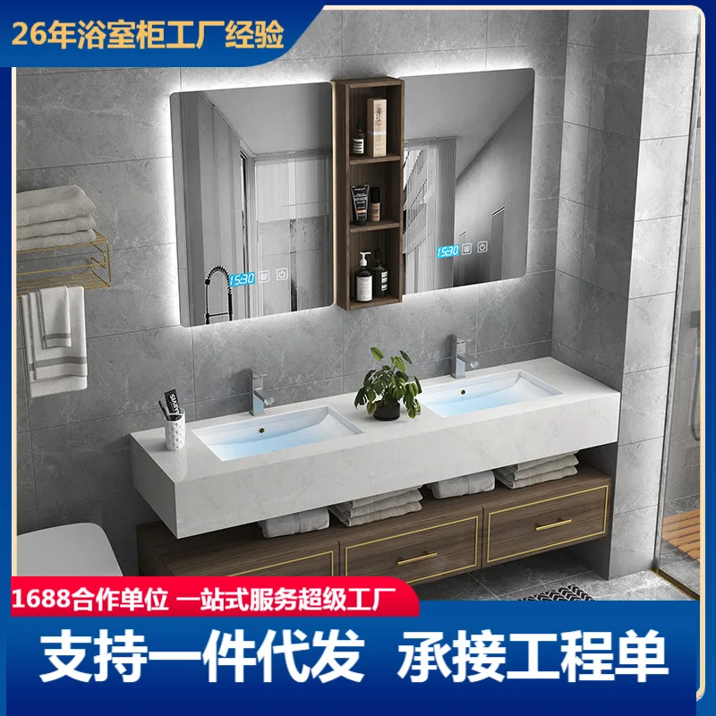 

Nordic light luxury solid wood bathroom cabinet combination bathroom sink face wash double basin marble wash table under the cou