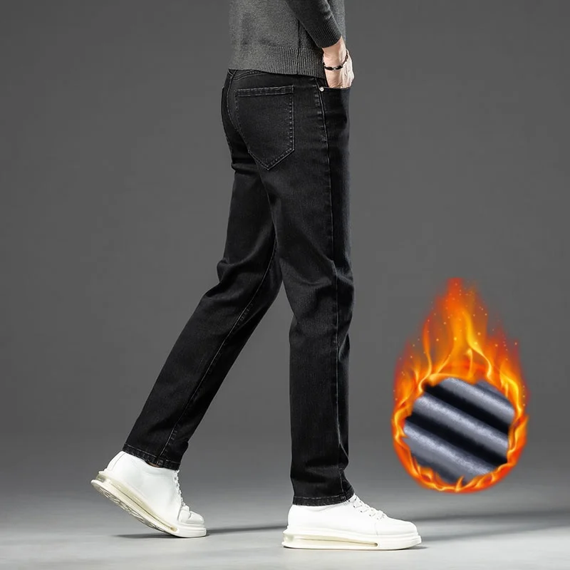 Neue Winter Stil männer Dicke Jeans Baumwolle Elastische Samt Warme Denim Hosen Modische Fit Gerade Slim Fit Wolle Arbeit Hosen