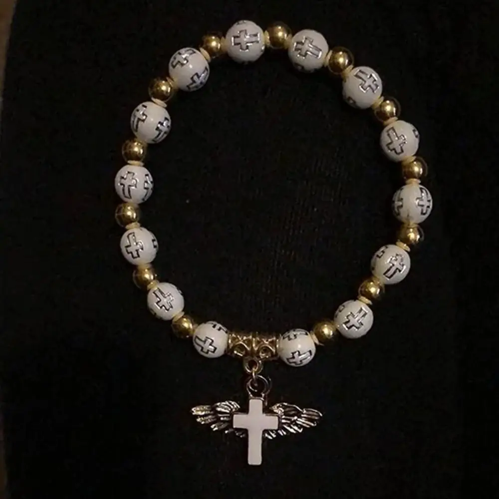 Exquisite Acrylic Angel Wing Cross Bracelet Fashion Jewelry Bead Chain First Communion Christening Religious Gift