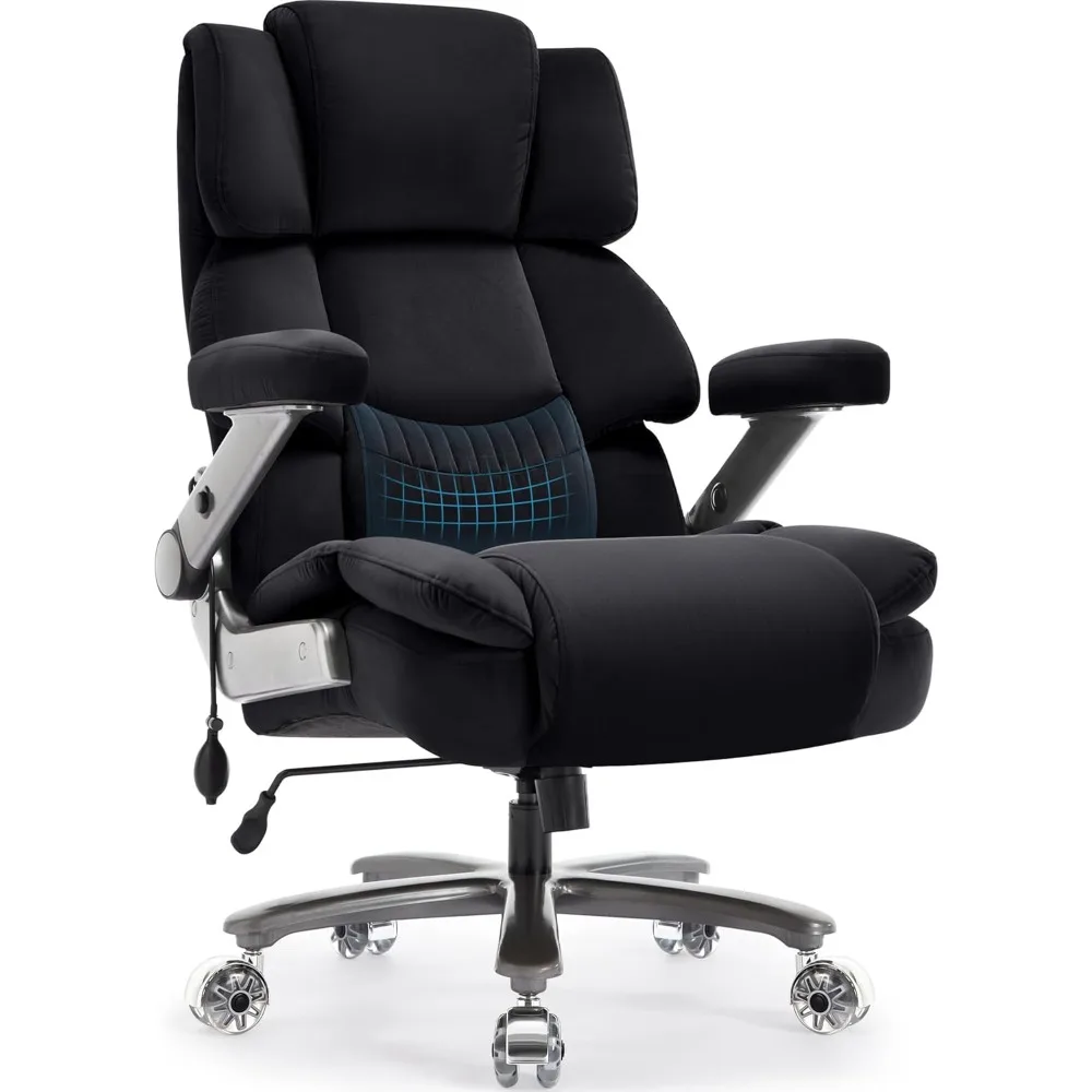 

High Back Executive Computer Chair with Adjustable Lumbar Support Flip Arms Plus Size Rubber Wheels Extra Wide Large Desk Chair