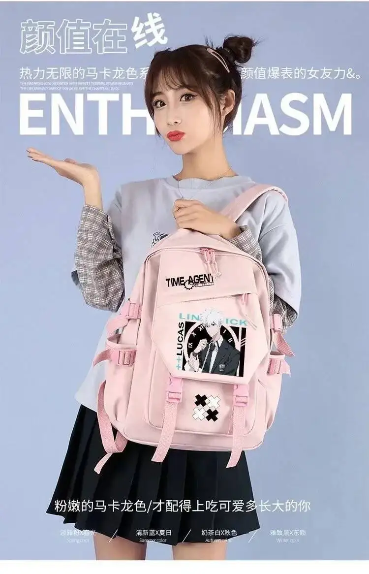 Juego de Anime negro blanco azul Rosa enlace Click Mochilas escolares para estudiantes Mochilas de gran capacidad para regalo
