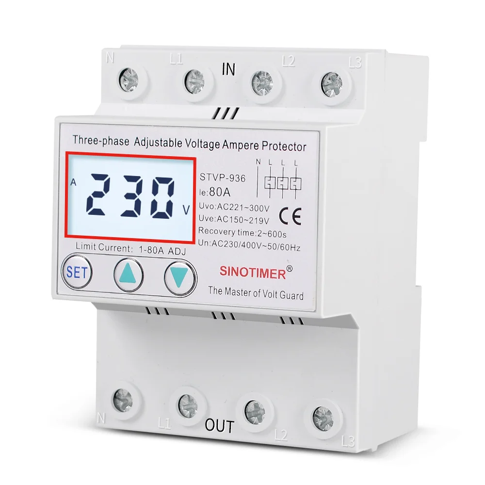 Backlights LCD Display Din Rail Three Phase AC 380V 80A  Voltage Surge Protector Relay with Limit Current Protection