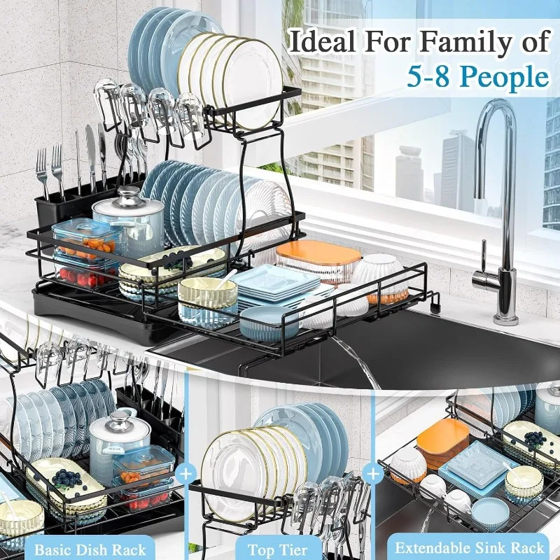 

Large Extendable Dish Racks for Kitchen Counter or Over Sink, Dishrack with Drainboard, 2-in-1 Anti-Rust Stainless Steel Dish