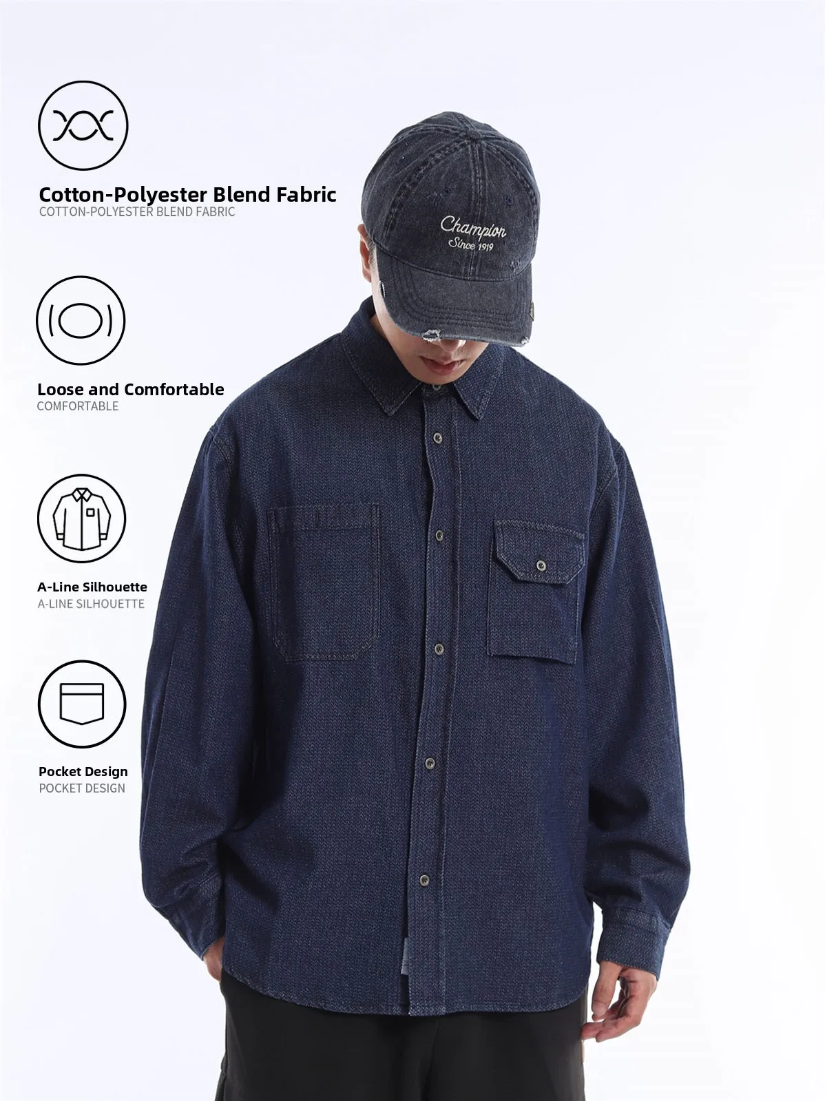 High-Waisted Wide-Hem Denim Shirt Men's Lightweight Washed Japanese Style Cotton Polyester Workwear Shirt Deep Blue Original ...