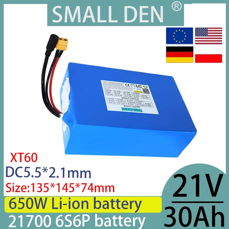 21V 30ah 21700 6S6P lithium battery pack, used as a backup battery for outdoor power tools with 650W high power and built-in 30A