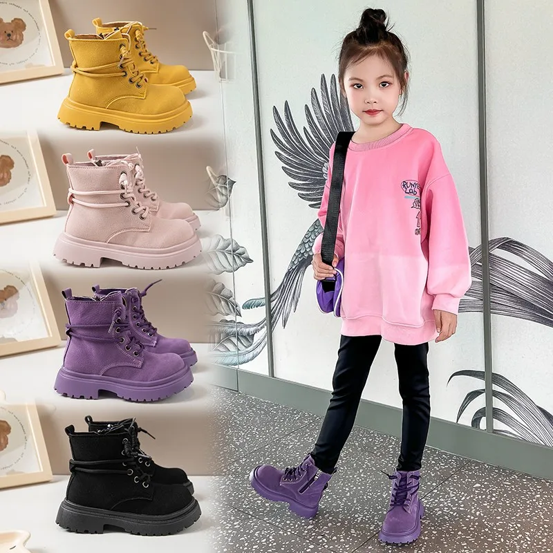 

Boots Autumn Solid Color Thick Sole Girl Comfortable Trendy Waterproof Teenagers Children Fashionable Low Cut Cute British Style