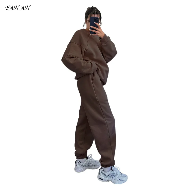 

Autumn and Winter New Women's Solid Color Round Neck Long Sleeve Hoodie Fashion Casual Loose Pants Suit Sports Two-piece Set